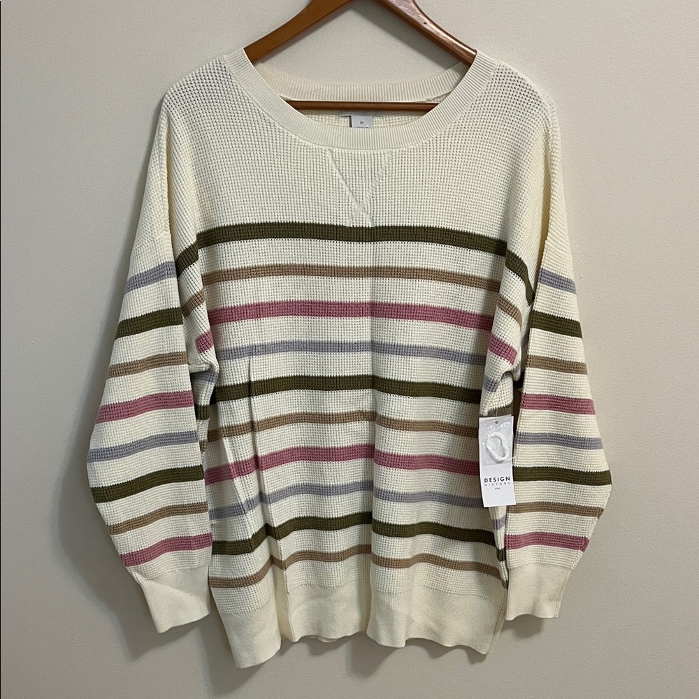 Design History Women’s Sweater Size 1X Pullover Striped Waffle Knit Cream Pink